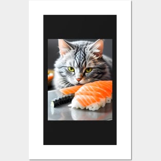 Cat Eating Sushi - Modern Digital Art Posters and Art